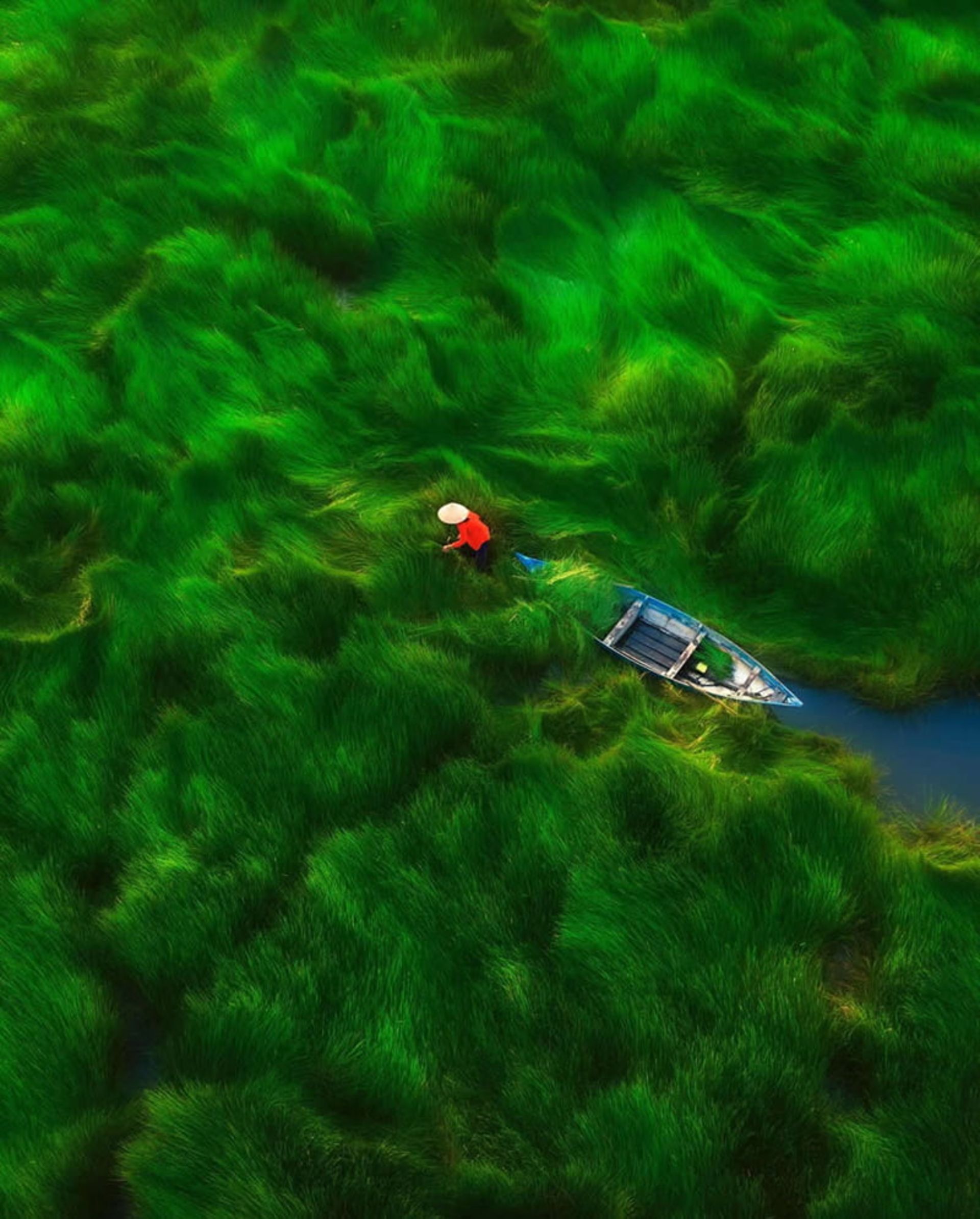 کارگر ویتنامی در علفزار سبز