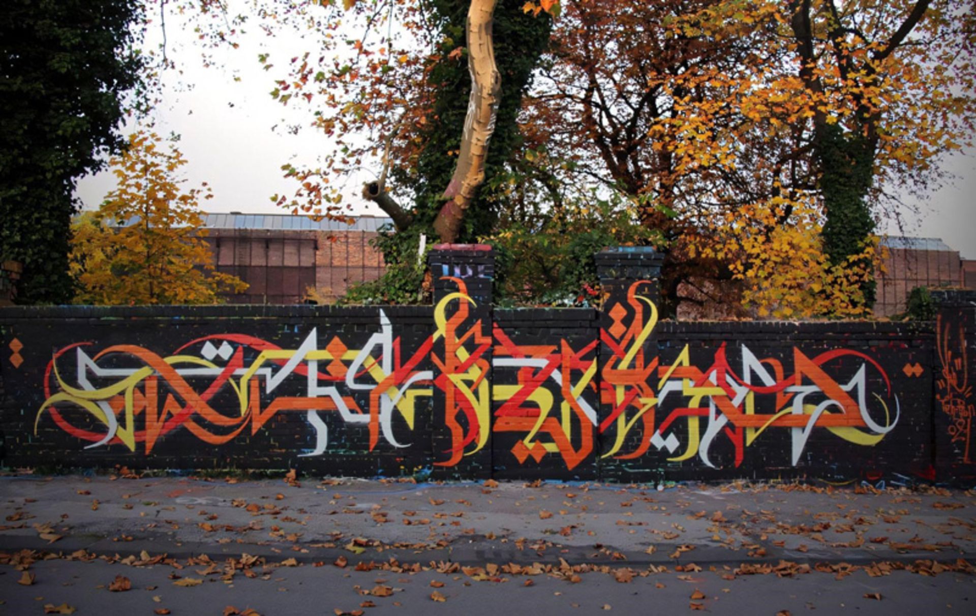 گرافیتی دیوار راه آهن در پاییز