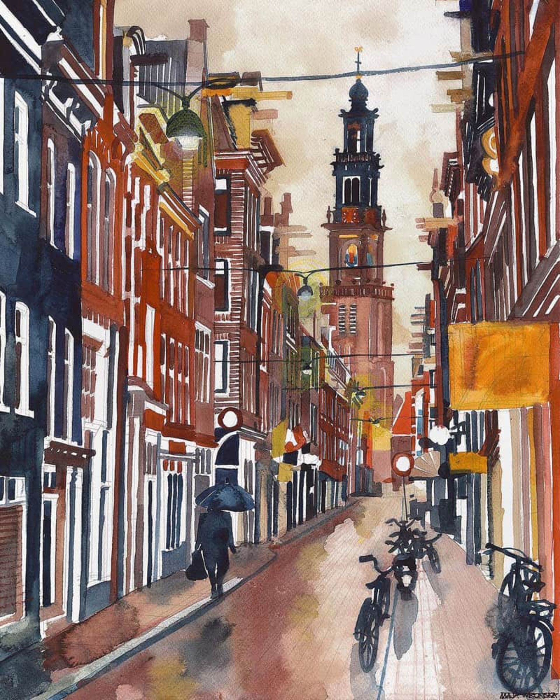 نقاشی آبرنگ از خیابانی با ساختمان‌ های بلند