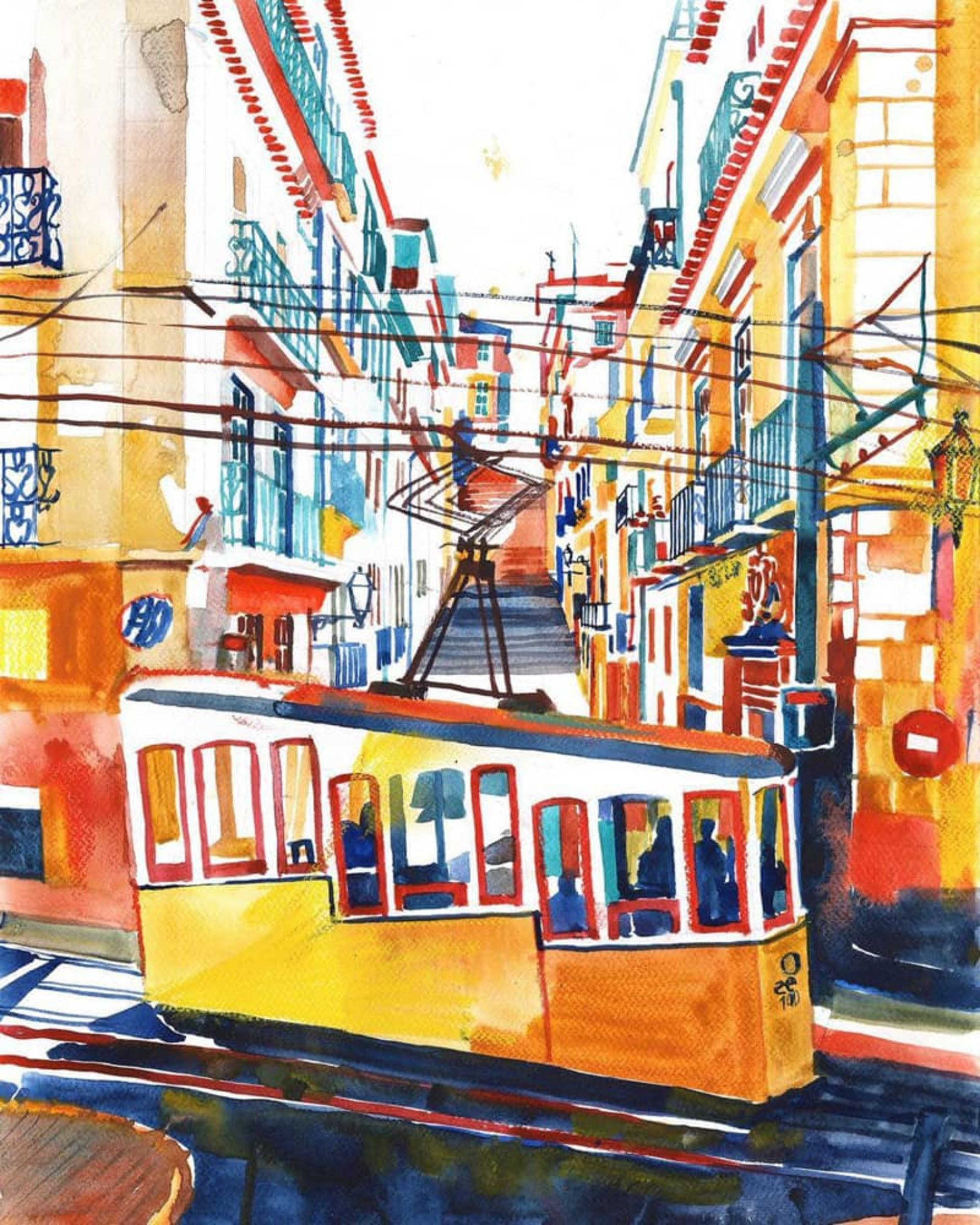 نقاشی آبرنگ از تراموای زرد در خیابان