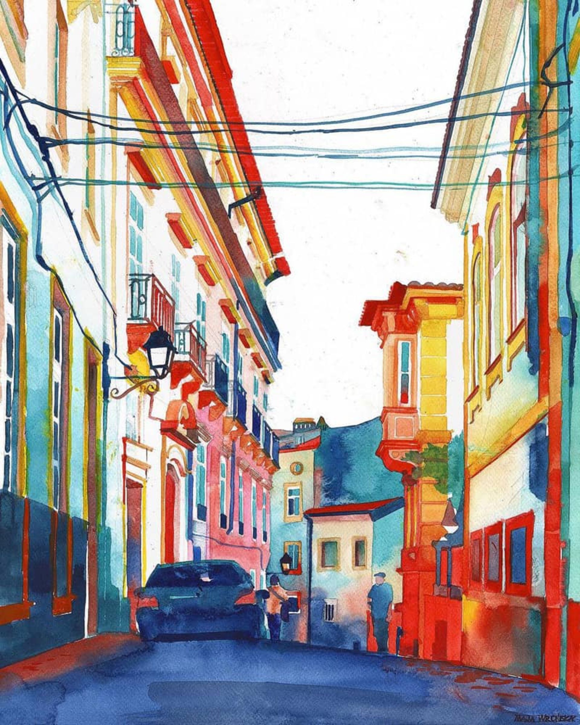 نقاشی آبرنگ از خیابان باریک و رنگارنگ