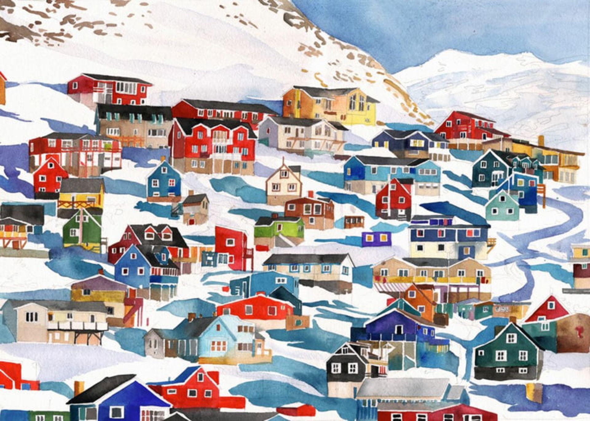 نقاشی خانه‌ های رنگارنگ در یک منظره برفی کوهستانی