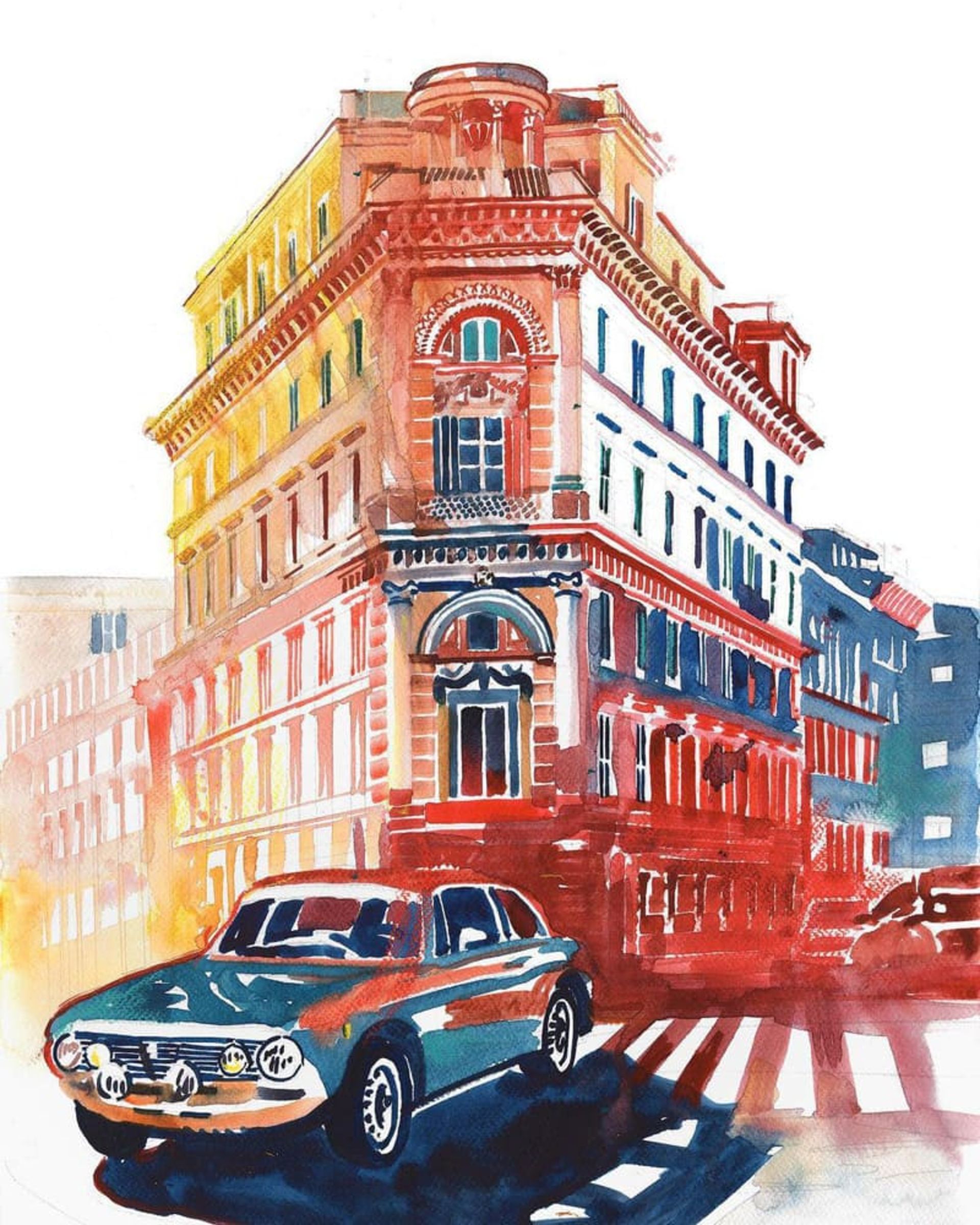 نقاشی آبرنگ از ساختمانی با معماری قدیمی