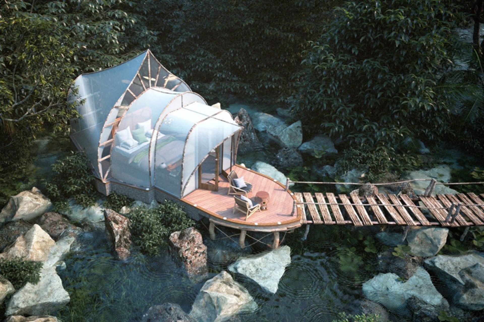 کلبه گلمپینگ در سریلانکا کنار رودخانه