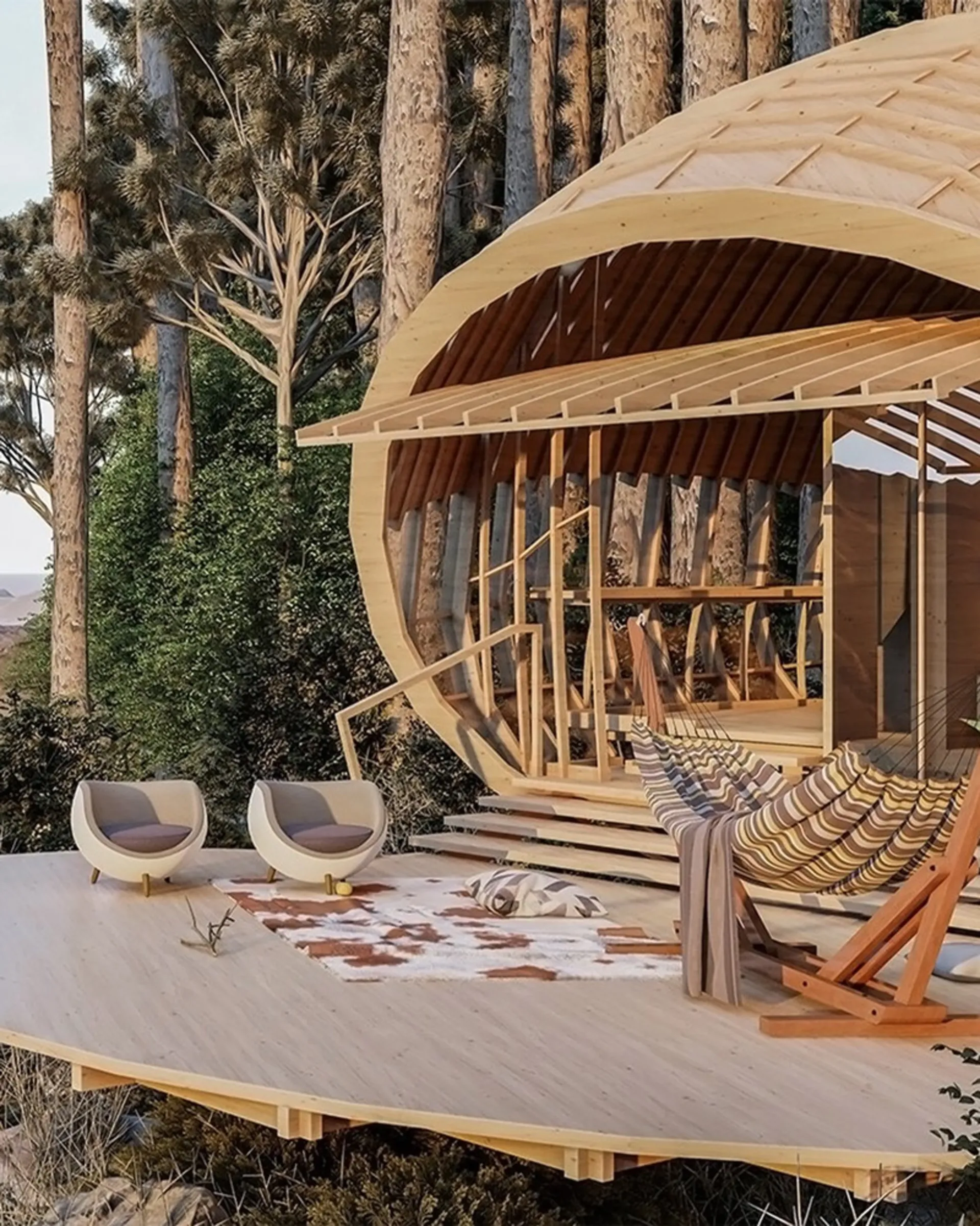 صندلی‌های استراحت در تراس کلبه‌های پیله‌ای