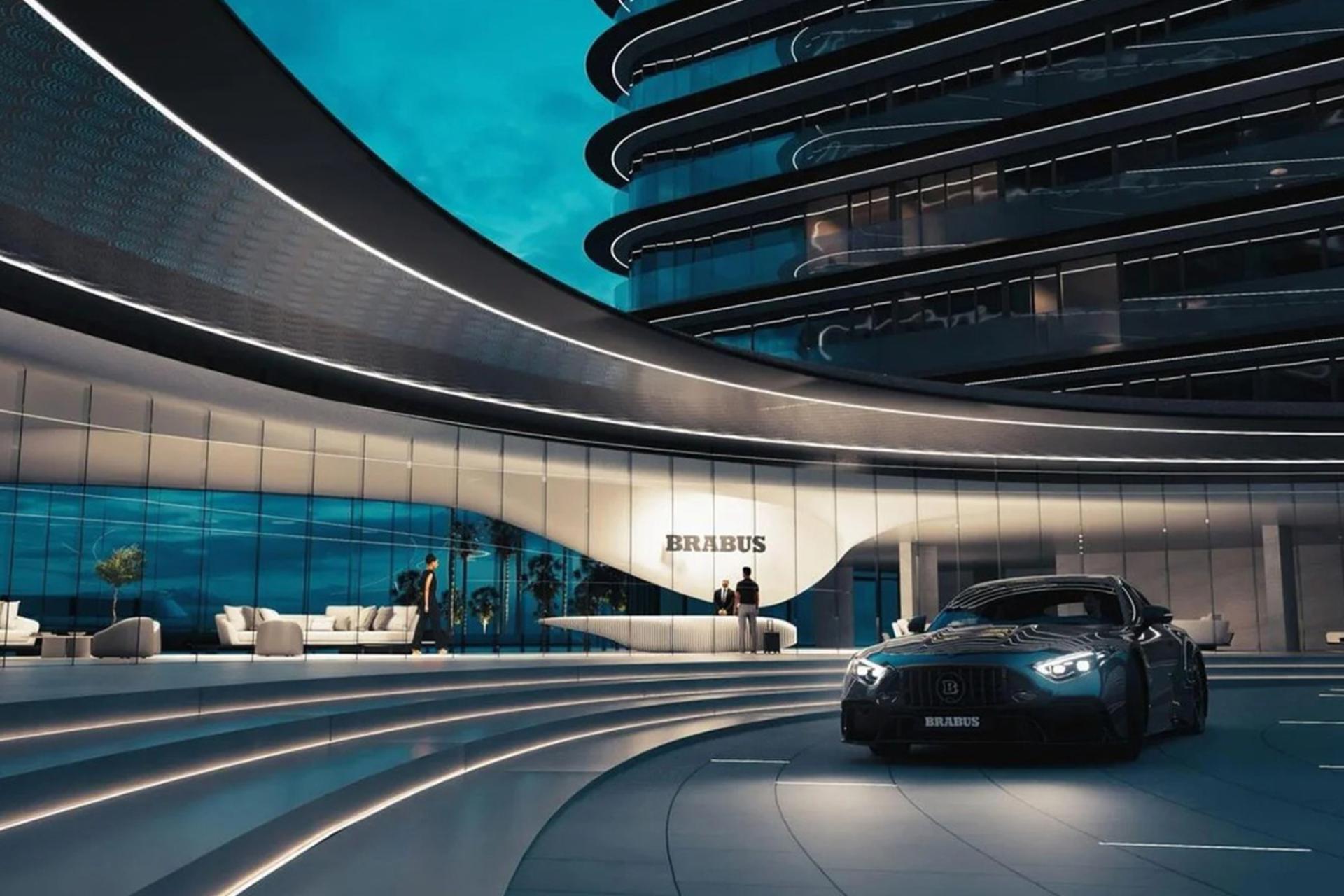 ماشین لوکس مقابل ساختمانی مدرن در جزیره برابوس ابوظبی