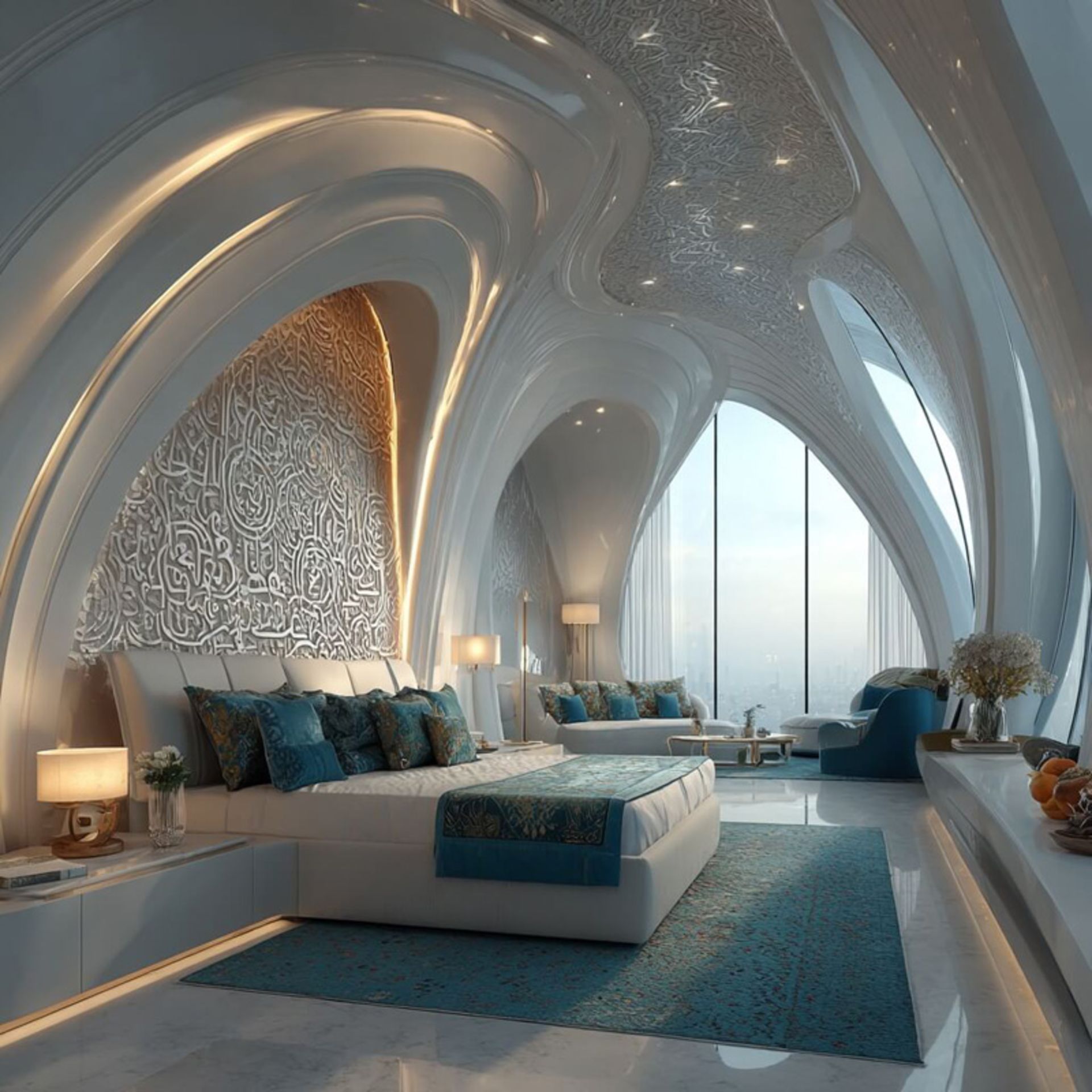 اتاق خواب سفید و فیروزه‌ای در هتل ایرانی