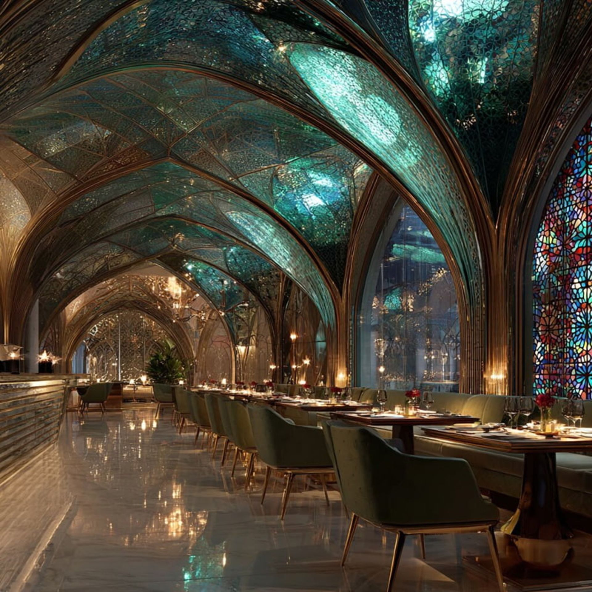 رستوران مجلل با سقف فیروزه ای در هتل ایرانی