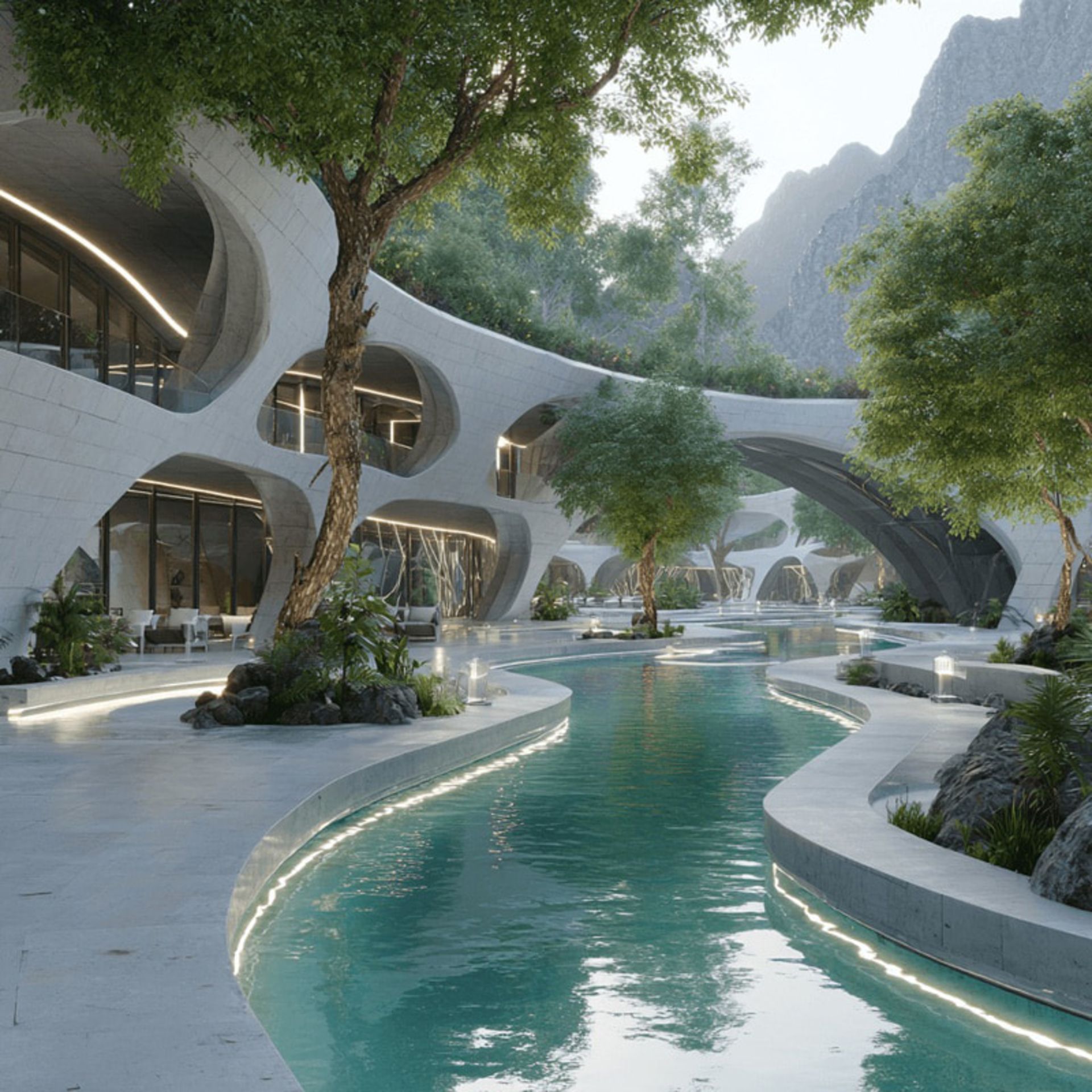 جوی آب در محوطه بیرونی و سبز هتل مجلل ایرانی