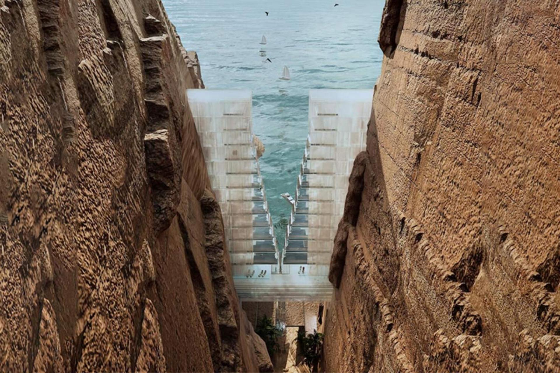 هتل مکعب یخی نئوم در میان صخره های رو به دریا