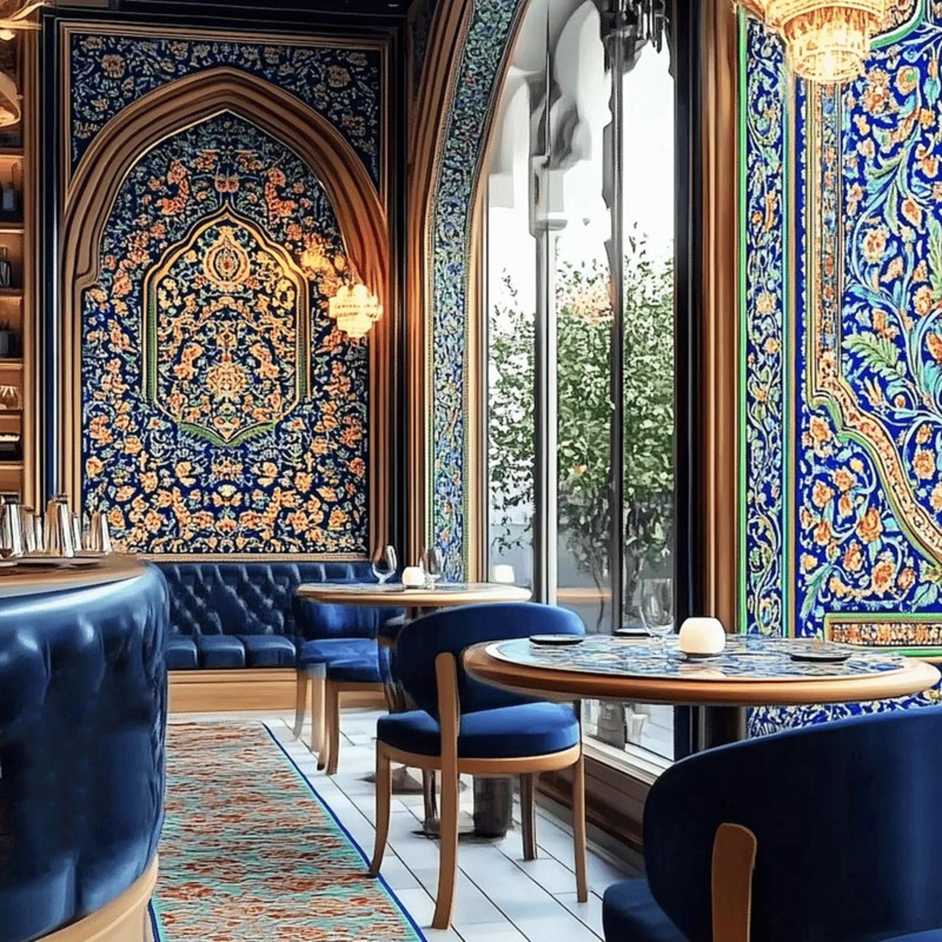 فضای داخلی رستوران نور با مبلمان آبی لاجوردی