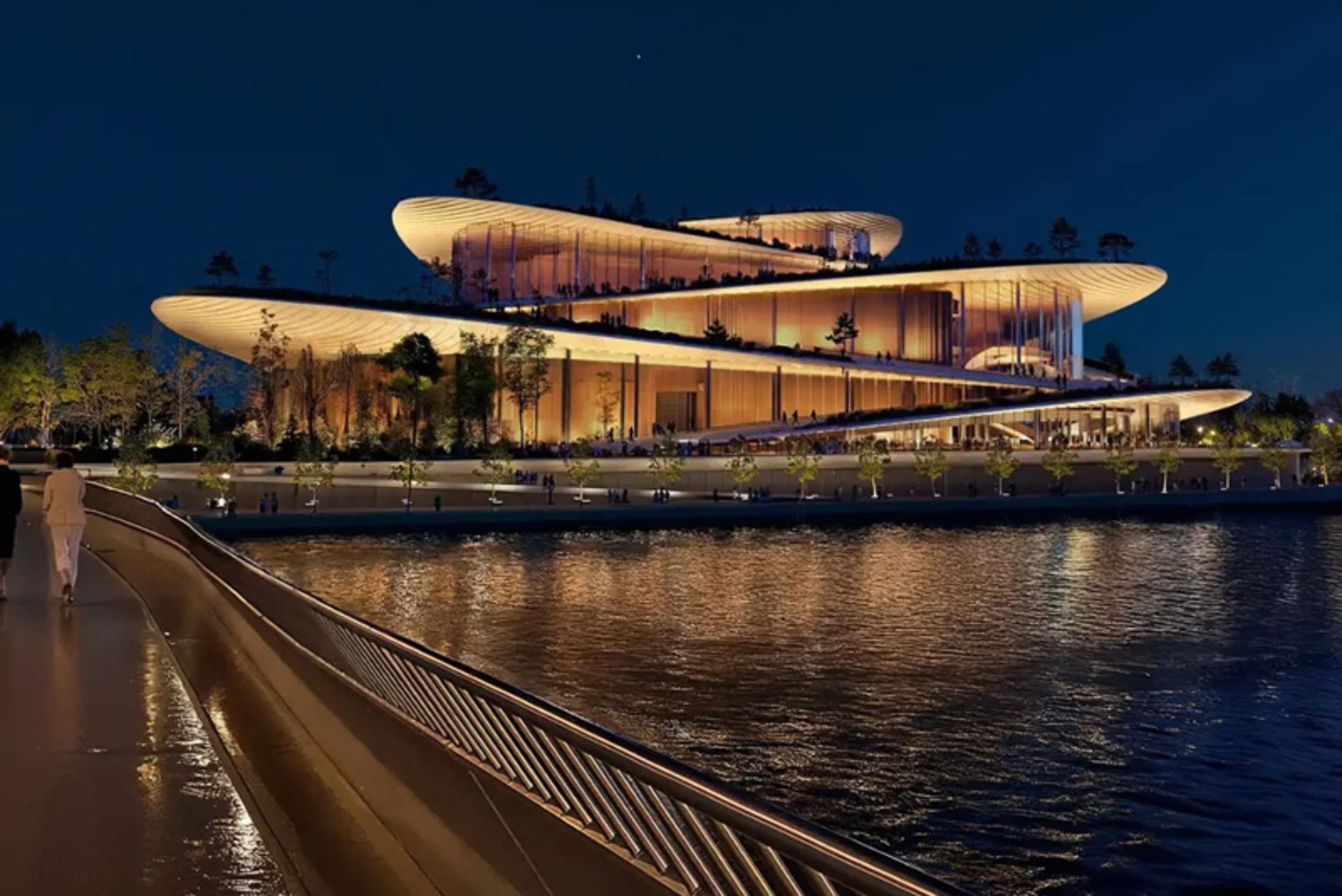 منظره شبانه اپرای جدید هامبورگ در کنار آب