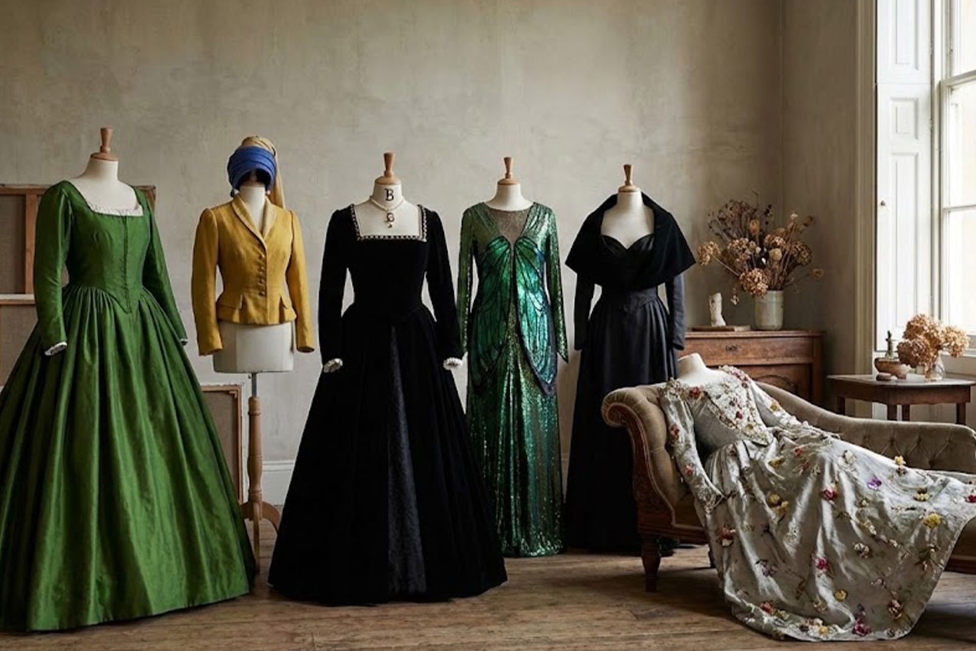 لباسهایی که از قاب نقاشی بیرون آمدند؛ وقتی لباس این نقاشیها مد شد! 3 چیدمان چندین مانکن در یک اتاق با لباسهای بازسازی شده از تابلوهای مشهور