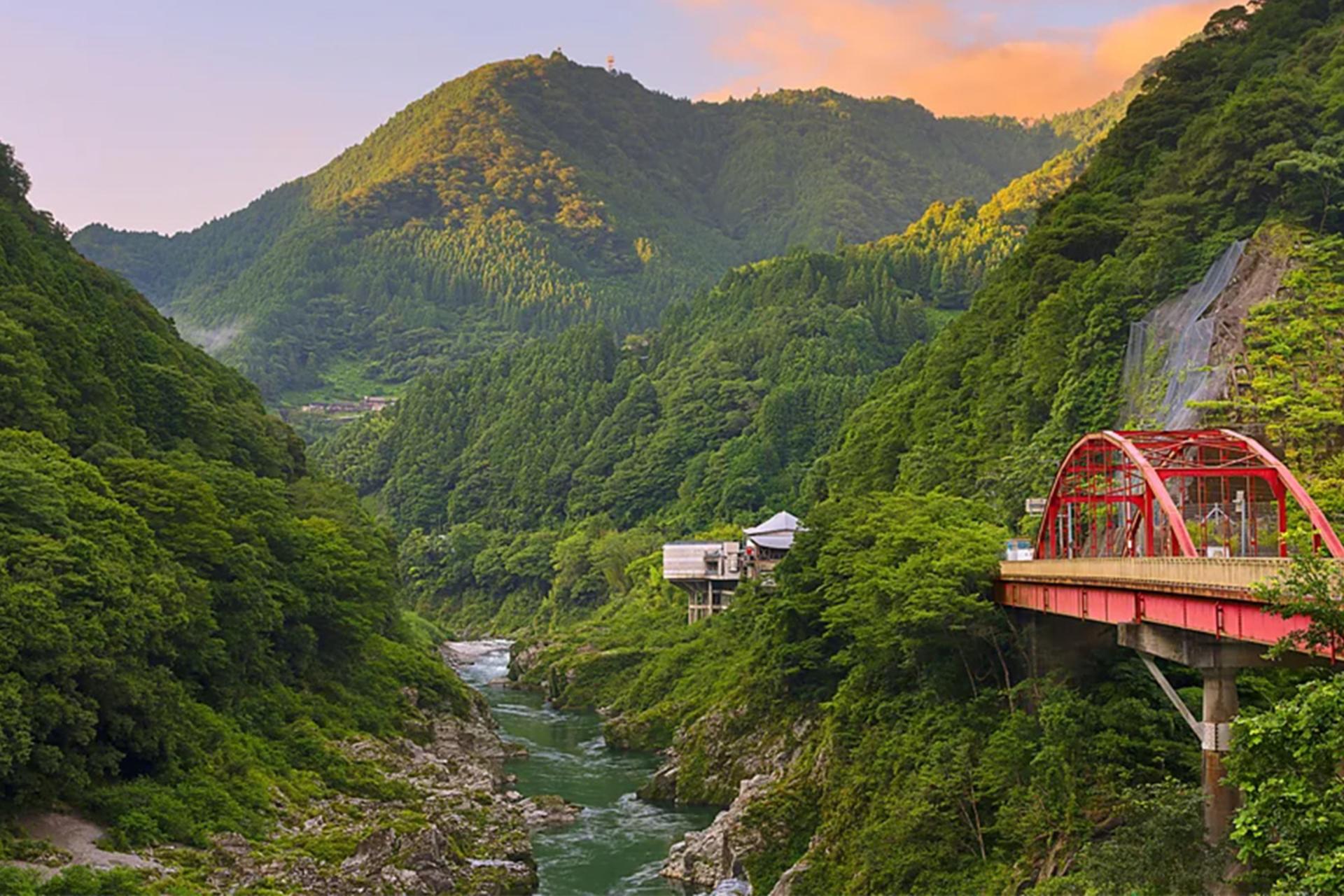 تصویری از یک پل قرمز بر یک تنگه رودخانه با کوه‌های سرسبز در ژاپن