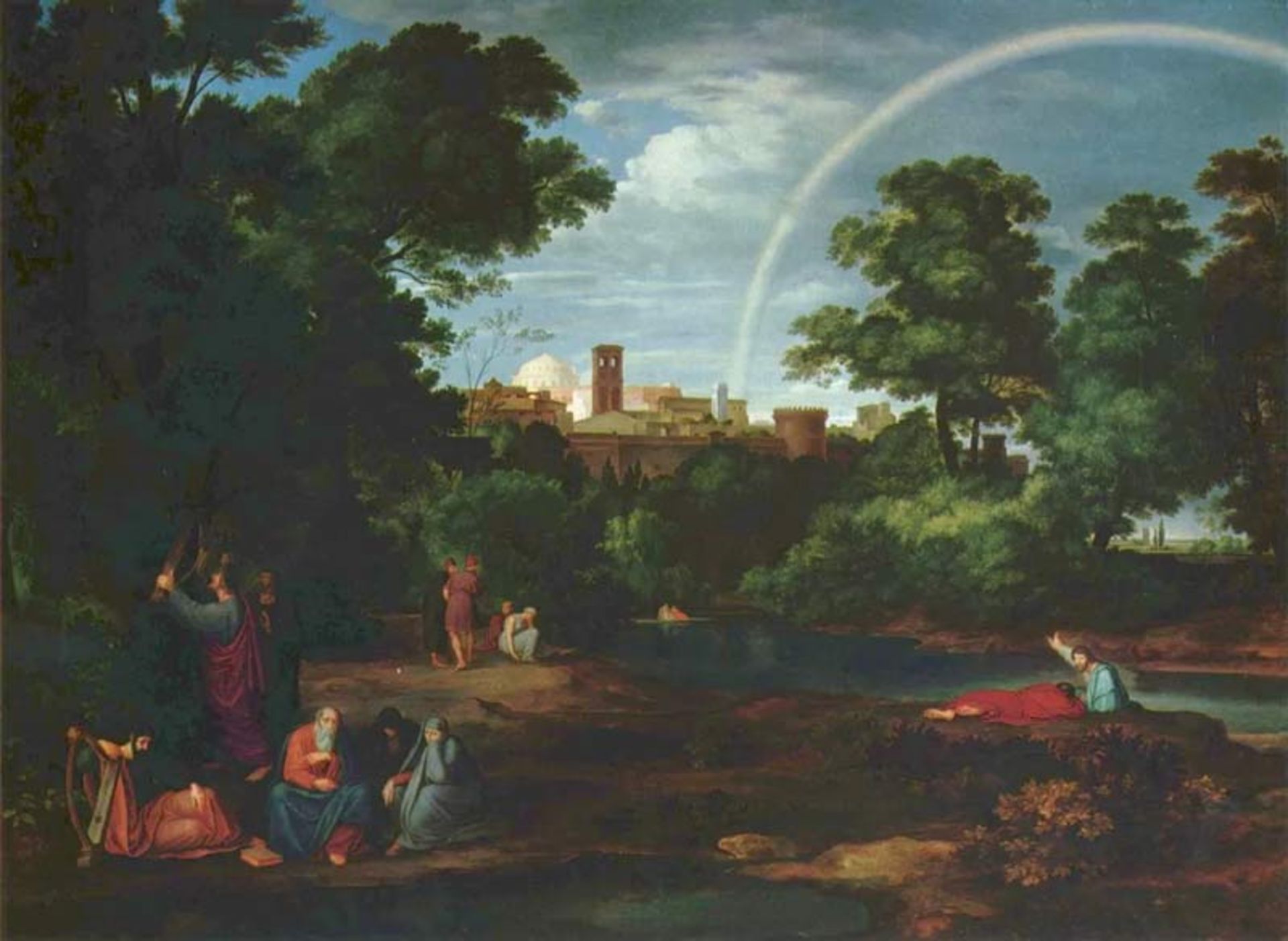 نقاشی کلاسیک منظره‌ای با فیگورهای انسانی، رودخانه و دورنمای شهر