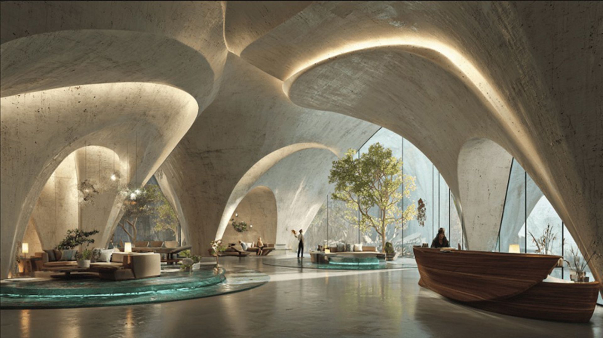 معماری الهامگرفته از باداب سورت؛ پیوندی میان نور، رنگ و زمین 9 سقف سنگی در لابی پناهگاه باداب سورت