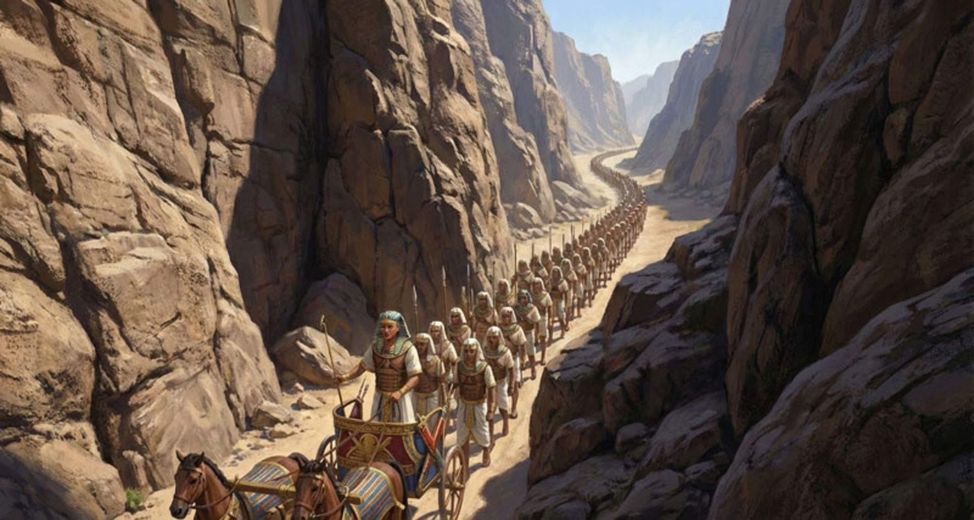 ارتش مصر و ارابه فرعون در صفی طولانی از میان دیواره‌های سنگی بلند