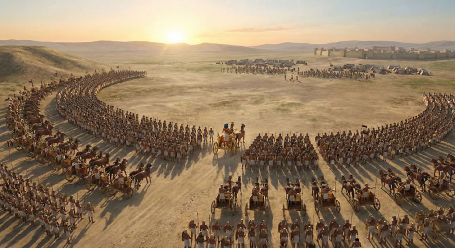 نمای باز از دشت و ارتش عظیم مصر با ارابه‌ها و پیاده‌نظام به صورت نیم‌دایره