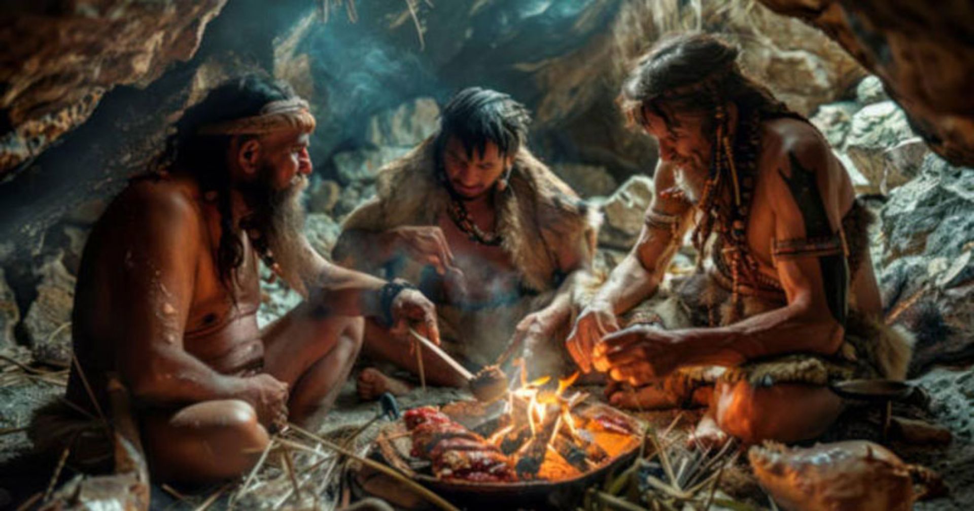 شکارچی-گردآورنده در حال پختن گوشت بر روی آتش درون غار