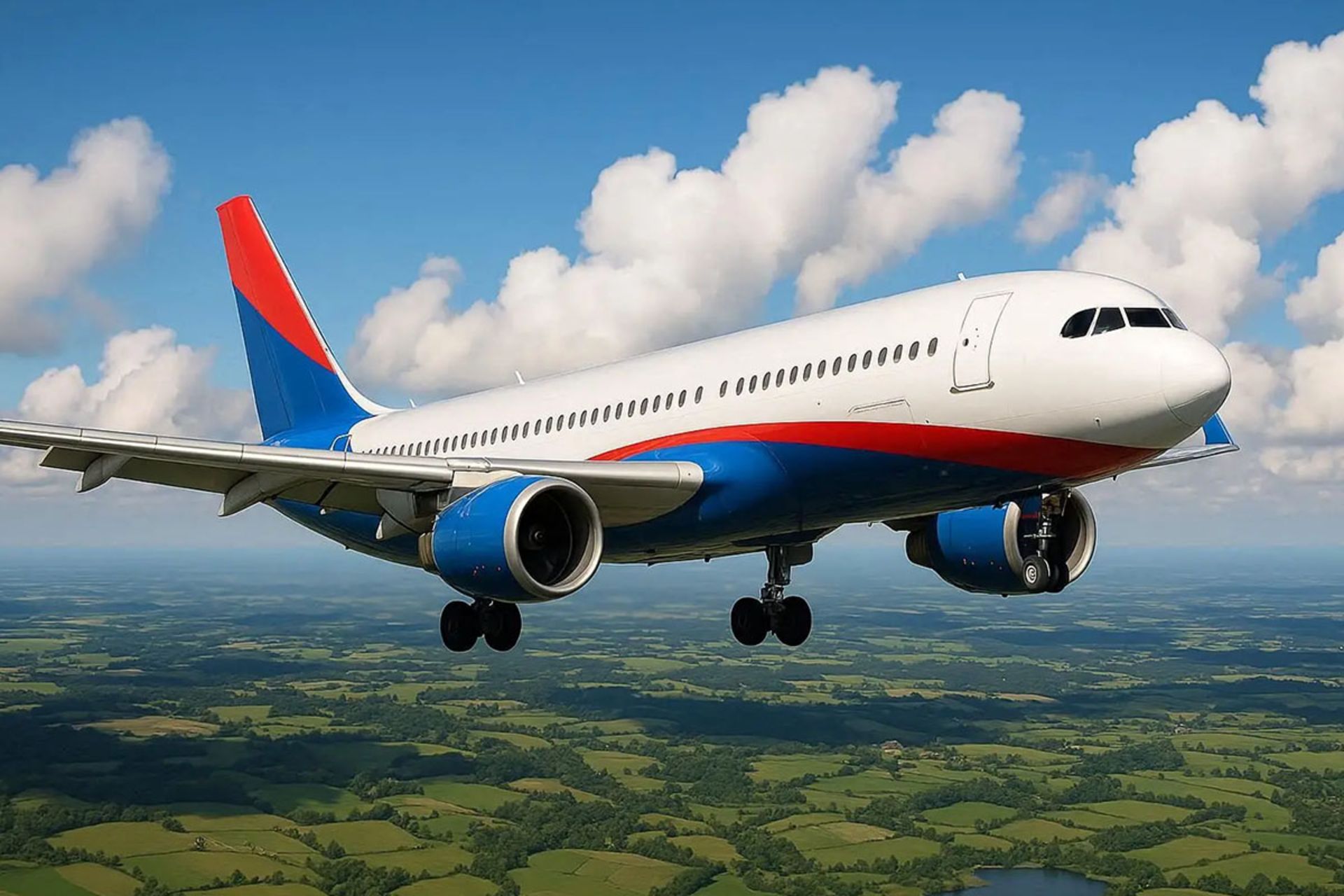 یک هواپیمای مسافربری تجاری بزرگ در حال پرواز در آسمان ابری