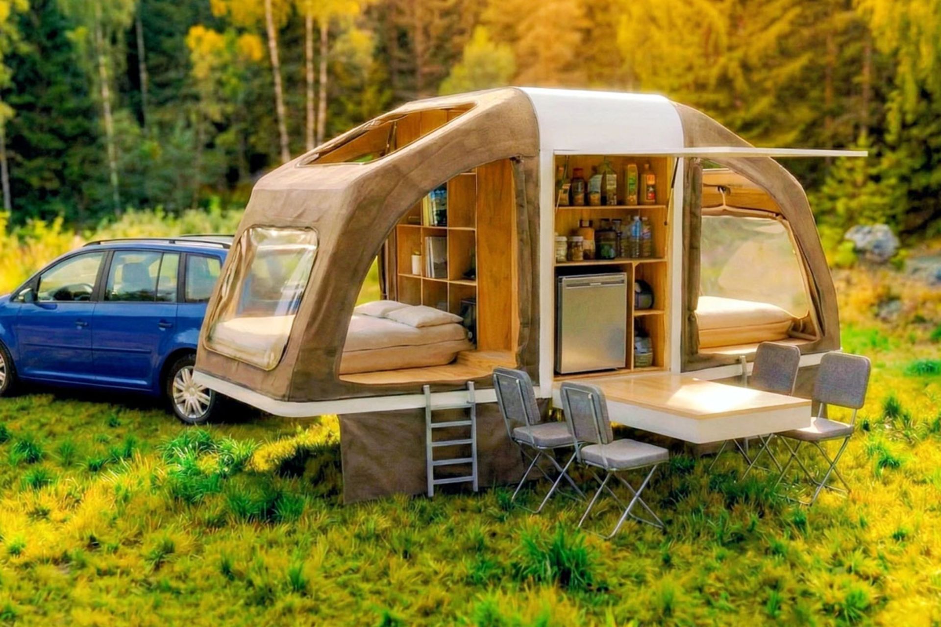 انقلابی در کمپینگ؛ جعبهای کوچک که به خانه تبدیل میشود 3 نمای کامل از اتاقک وینگکیوب باز شده در یک محیط جنگلی