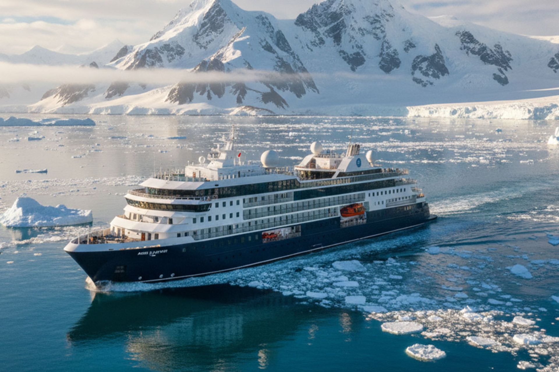 نمای جانبی از یک کشتی کروز اکتشافی مدرن و لوکس با بدنه تیره