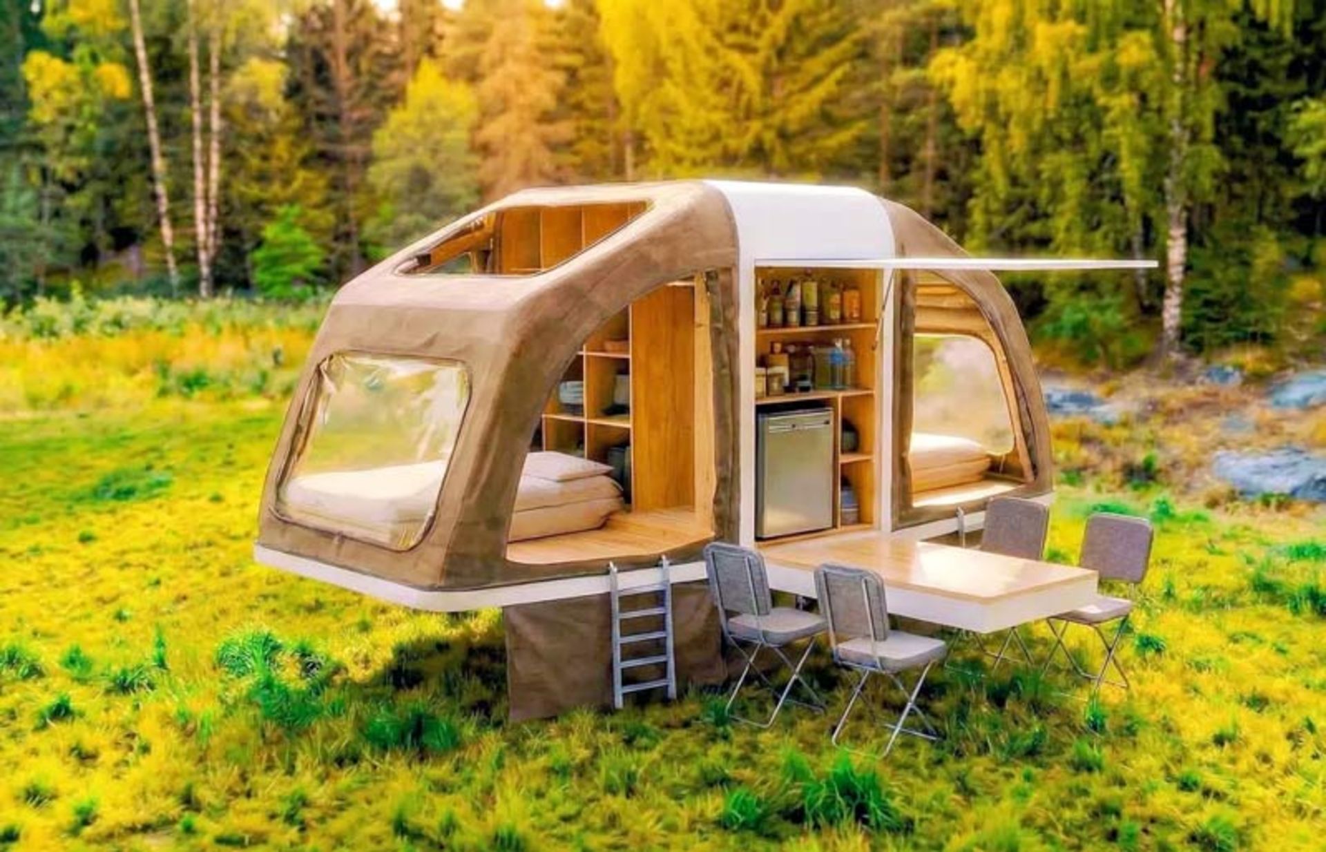 انقلابی در کمپینگ؛ جعبهای کوچک که به خانه تبدیل میشود 6 نمای نزدیک از بخش داخلی وینگکیوب باز شده با چیدمان منظم قفسهها، یخچال و تختخواب