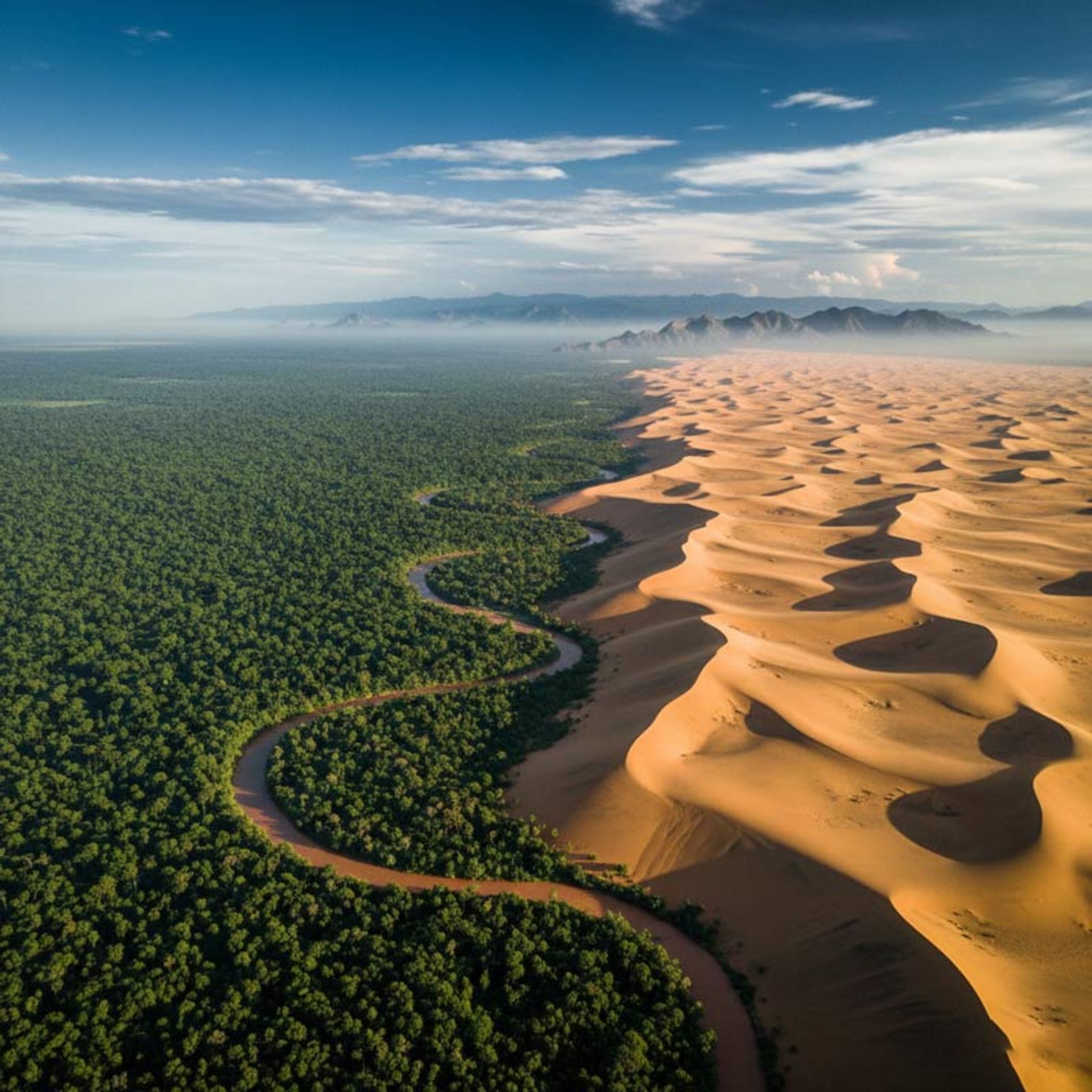 تصویر هوایی خیره‌کننده از تلاقی یک جنگل بارانی انبوه و سبز با تپه‌های شنی وسیع یک کویر