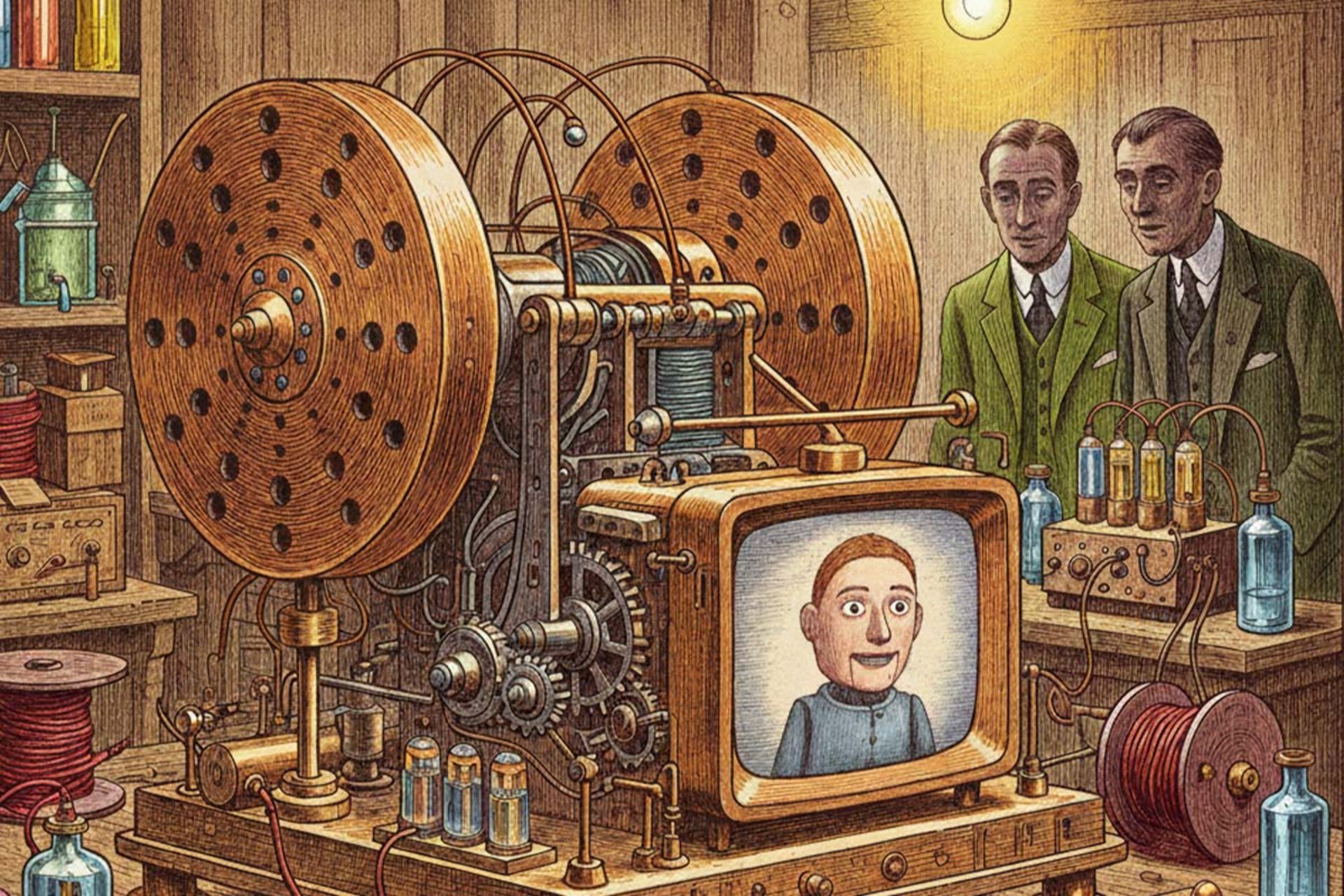 یک نقاشی دیجیتال با سبک کلاسیک که فضای آزمایشگاه مخترعان تلویزیون را نشان می‌دهد