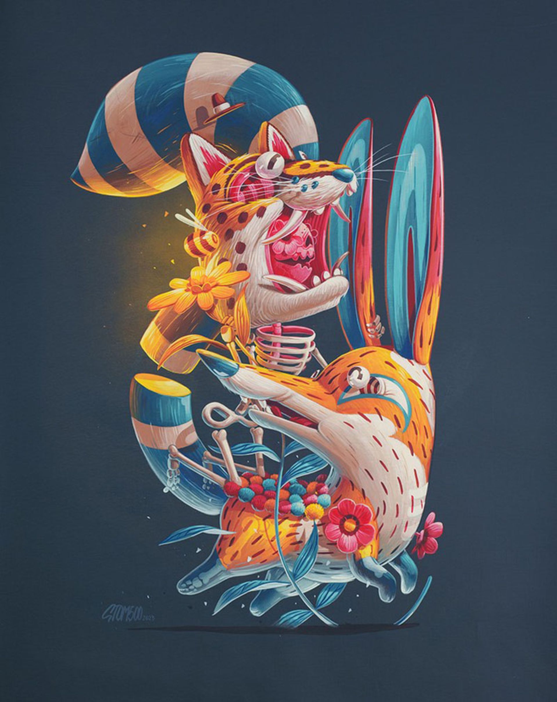 نقاشی دیواری سورئال روباه و ببر